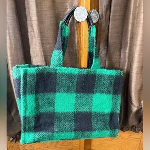 H&M large fuzzy green and black checkered tote.